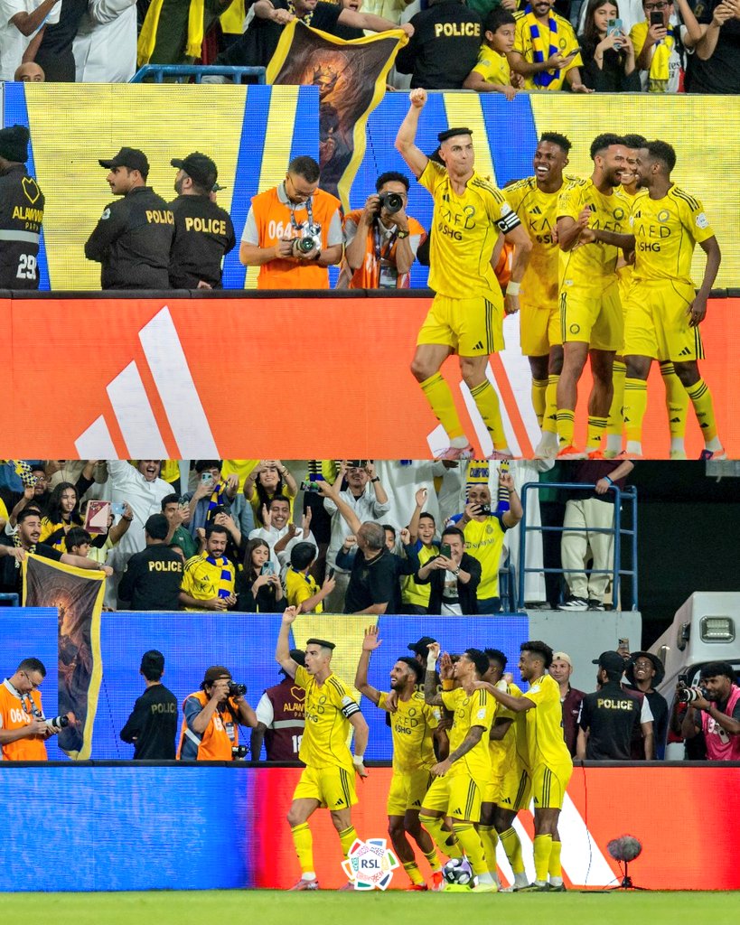 من احتفال رونالدو بتسجيله الهدف الثاني بمواجهة الفيحاء. (وكالات) 