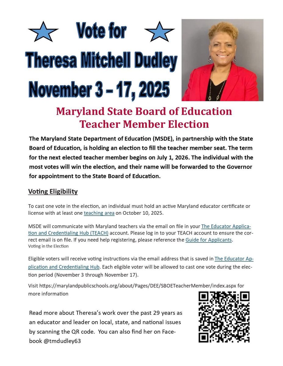 Voting begins Monday! Let’s support our own Theresa Dudley <a href="/PGCEA_PR/">PGCEA</a> <a href="/msea/">msea</a>