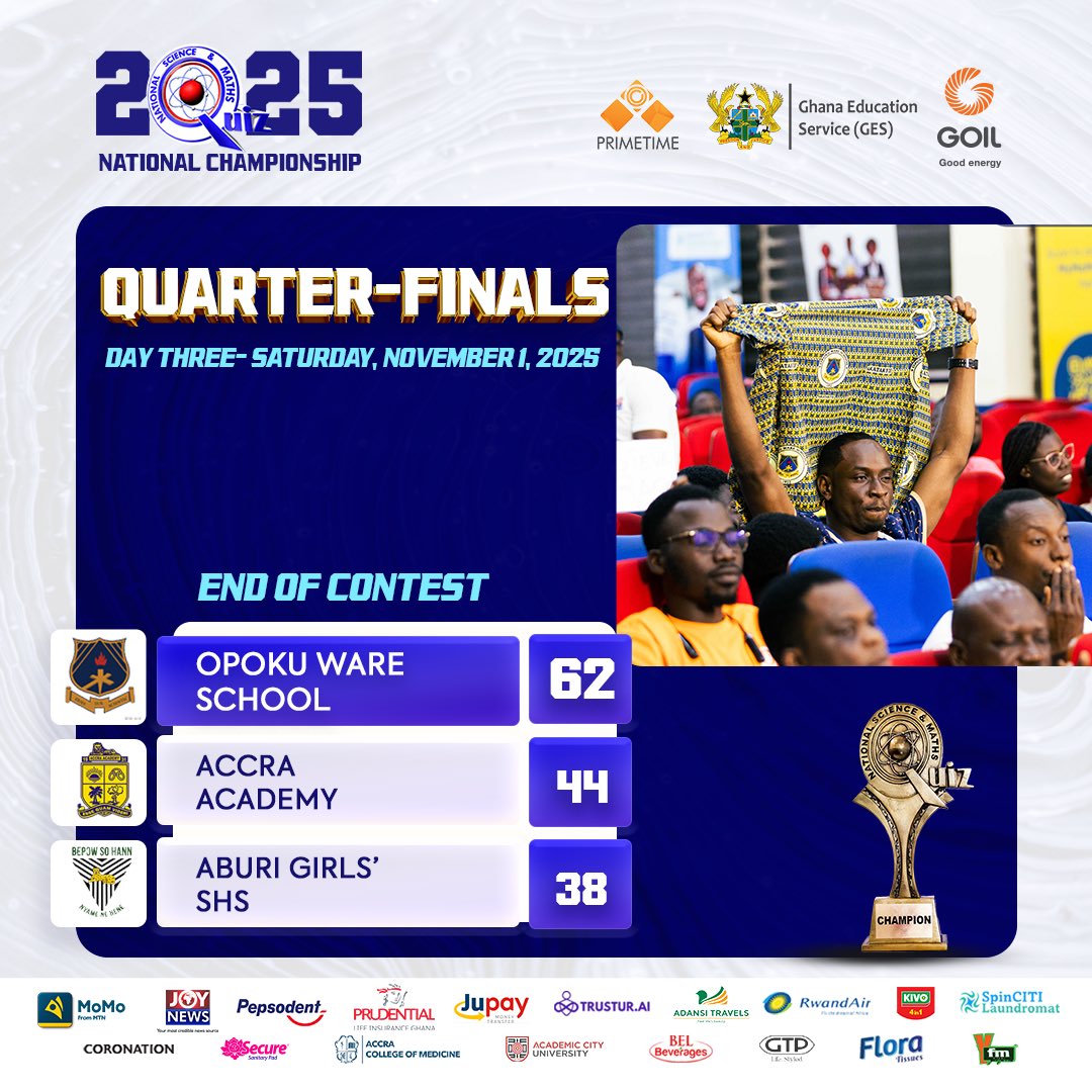 NSMQGhana's tweet image. Opoku Ware School secure a spot in the semi-finals.

#NSMQ2025 #NSMQQuarters #Primetime
