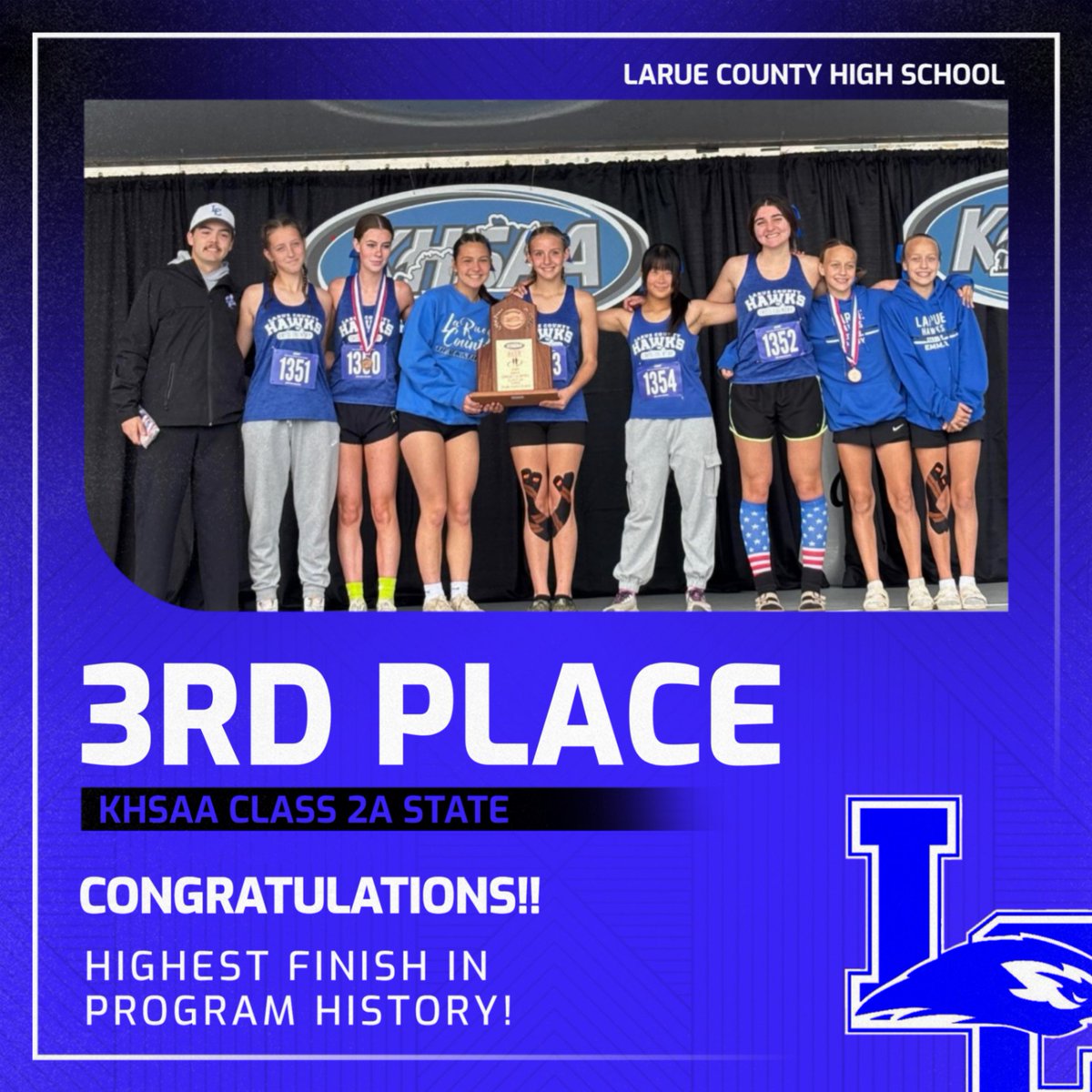 laruecohawks's tweet image. The LCHS Girls Cross Country Team makes school history today by finishing in  3rd place at the KHSAA State Championships today.  So incredibly proud of Coach Marcus Abel and these Lady Hawks!  Isabella Day finished 5th &amp;amp; Abby Creason finished 10th overall to medal as individuals.