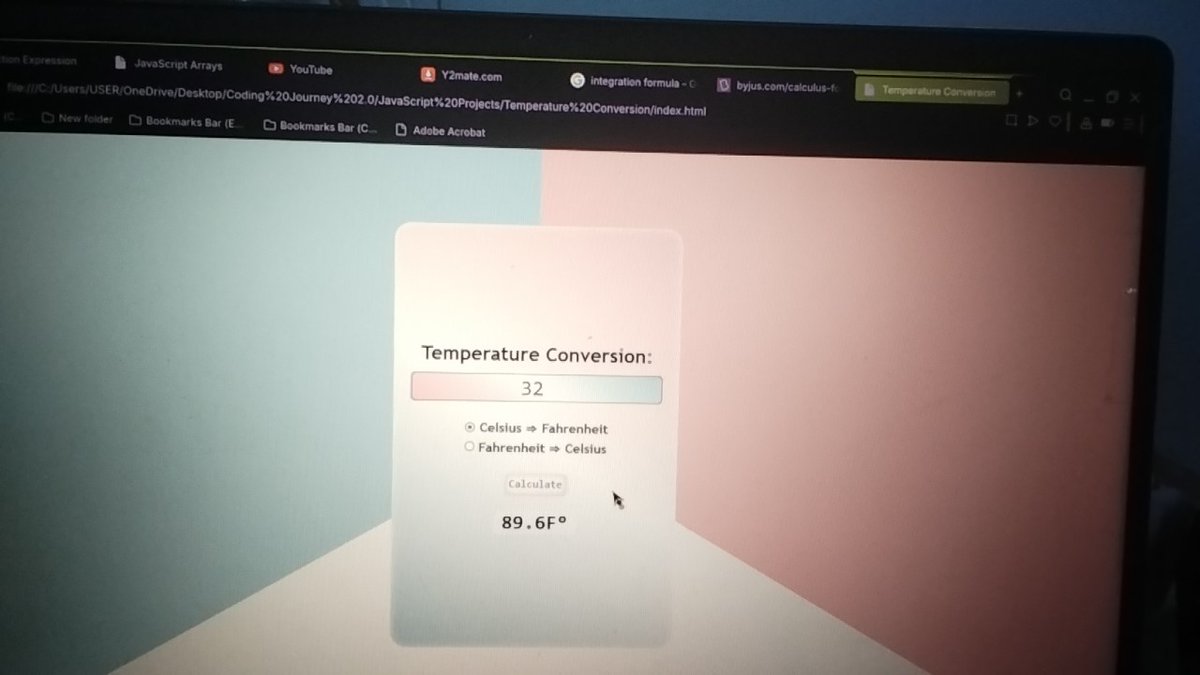 xavia_47's tweet image. Day 21 of my #100daysofcodingchallenge
So in #JavaScript today, I made a temperature Converter 😌✨
I'll try to make a video on my code tmrw, IF I manage to find the time
I have Integration, 1st order differential equations and thermodynamics to study 🥲