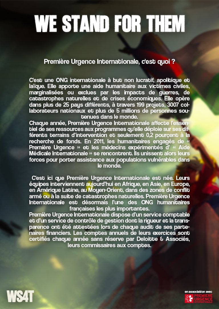 📣📣 J’ai l’honneur de participer à l’évènement caritatif We Stand For Them sur Twitch du 07/11 au 09/11 créé et organisé par <a href="/HendaDiscord/">Henda</a> 

L’évènement soutient l’association Première Urgence Internationale. 

J’ai préparé des Donations Goals pour l’occasion ! 🫣
#WS4T