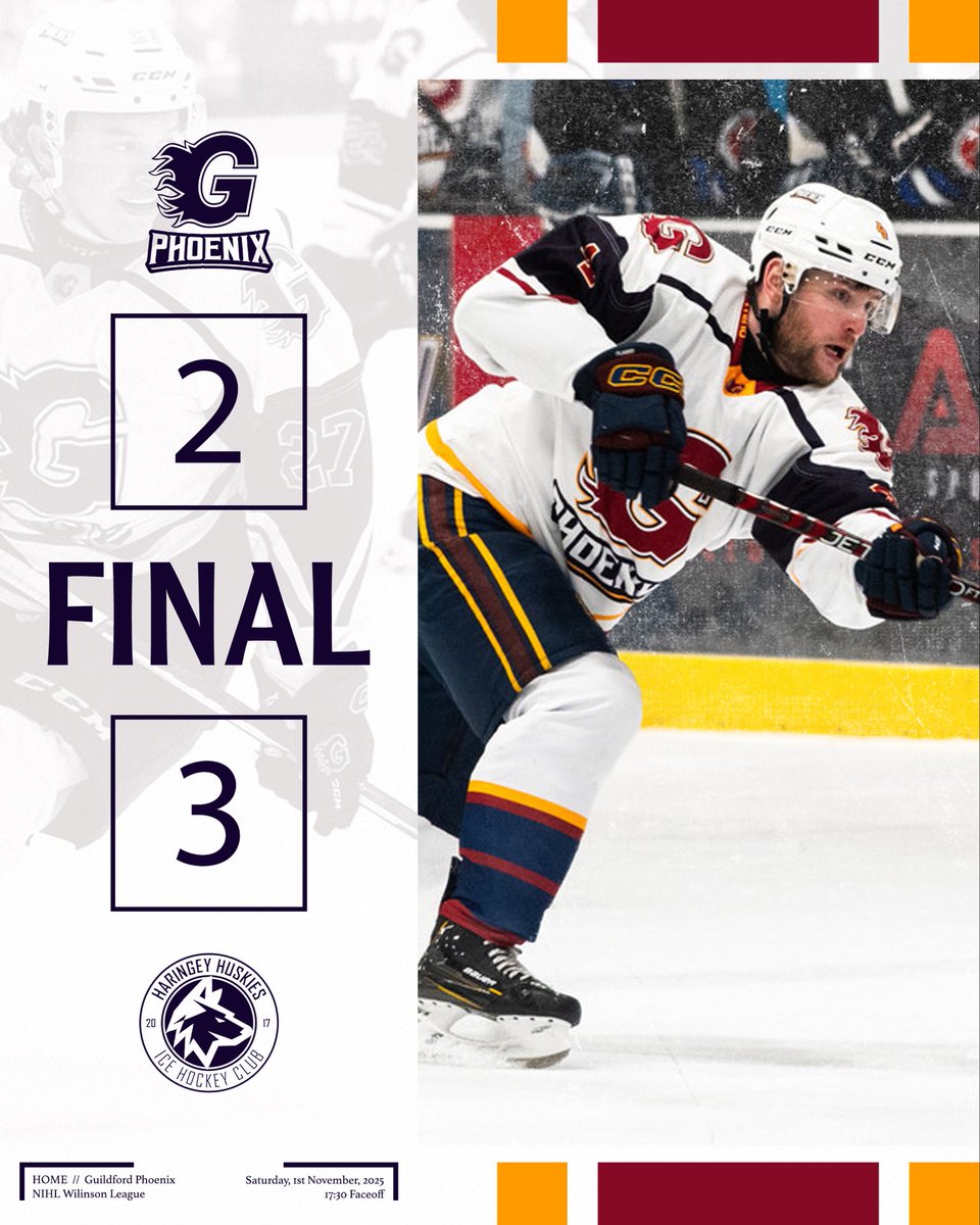 The Phoenix suffer their first loss of the season in Overtime to the Huskies 🐾 

🐦‍🔥 2 - 3 🐾 (overtime)

MOTM - #23 Jacob Rondeau-Smith

⏭️ Our next game is Saturday 8th November 🆚 Lee Valley Lions (A)

#GuildfordPhoenix 🐦‍🔥🔥