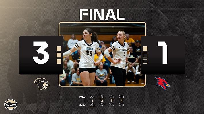 PNW WINS‼️‼️‼️
<a href="/PNWvolleyball/">PNW Volleyball</a> battles on the road for a hard-fought victory over Saginaw Valley State!
#PowerOnward 🦁