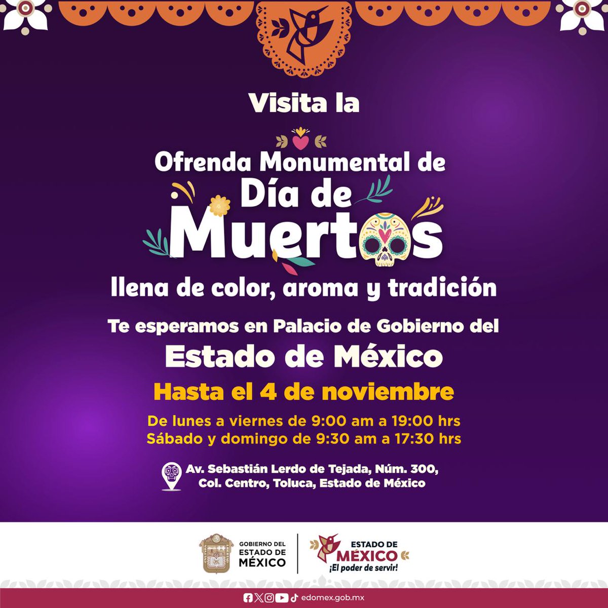 La #OfrendaMonumental en el Palacio de Gobierno del #EdoMéx te envolverá con el espíritu del #DíaDeMuertos.
Celebra nuestras raíces y a quienes siempre nos acompañan visitando el #CircuitoCultural. Tienes hasta ell 4 de noviembre. #ElPoderDeServir