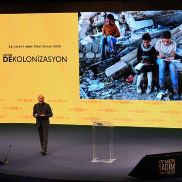 First image depicts a bald man in a dark suit standing at a podium with a microphone holding papers and speaking with a serious expression; overlaid text in Turkish discusses decolonizing perspective and education; branding for ADIM OTE and event logos visible on screens behind. Second image shows a woman wearing a white hijab and dark coat standing at a clear podium with a microphone holding it in her hand against a yellow background with abstract bird-like shapes. Third image features a large screen displaying children in colorful clothes sitting on rubble amid destroyed buildings with Turkish text about education test 2025 and decolonization; a bald man in dark suit walks near the podium with yellow backdrop and ADIM OTE branding.
