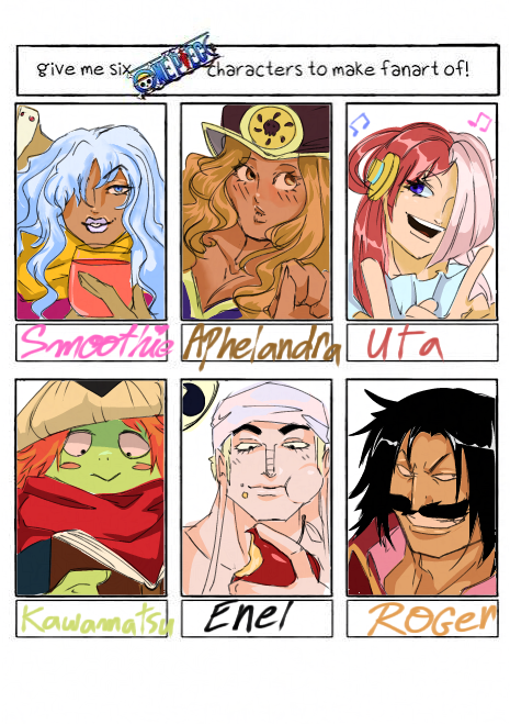 Alrightyyyy

Here's the second part featuring charlotte smoothie aphelandra Uta Kawamatsu enel and gold d roger ✨
