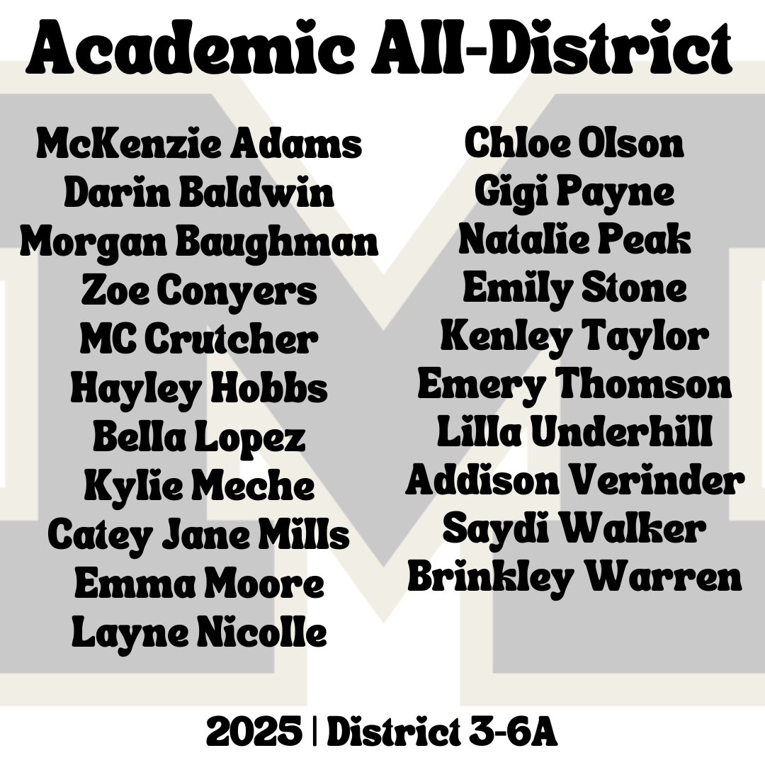 🖤💛🏐It's Award Season🏐💛🖤

Congratulations to the following MHSVB student-athletes for being named to the 3-6A Academic All-District Team! They are crushing it on the court and in the classroom. We are so proud of you!!