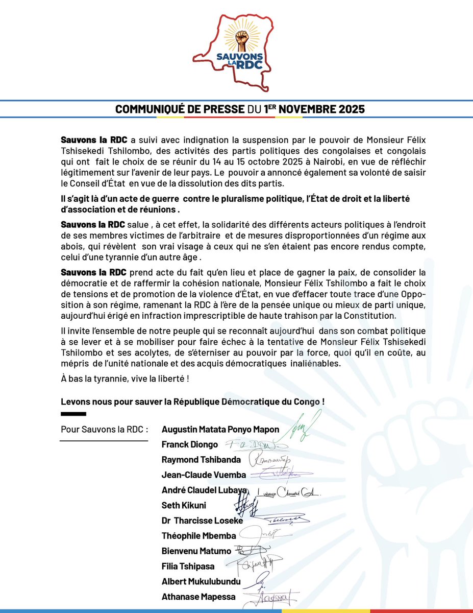 FdaFront's tweet photo. 🇨🇩 Le FDA condamne avec fermeté la dérive autoritaire du régime Tshisekedi qui s’en prend aux partis politiques d’opposition et au pluralisme démocratique.
La #RDC n’appartient pas à un homme mais à tout un peuple debout ✊
#SauvonsLaRDC #FDA #SRDC #StopDictature #RDC #Kinshasa https://t.co/LKUc887ct6
