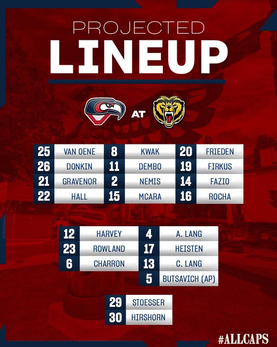 Graphic on red background with bold white text reading PROJECTED LINEUP at top. Left side shows Cowichan Capitals logo of a blue and green hockey player. Right side shows Victoria Grizzlies logo of a yellow and black snarling grizzly bear head. Below logos, forward lines listed with numbers and names: 25 Van Den, 8 Kwak, 20 Frieden; 26 Van Oene, 11 Kwab, 19 Frisk; 21 Gravender, 2 Nemis, 14 Fabio; 22 Hall, 15 McAra, 16 Rocha. Defense pairs: 12 Harvey, 4 A Lang; 23 Rowland, 17 Heisten; 6 Charron, 13 C Lang; 5 Butsavage AP, 28 Stoesser. Goalie: 30 Hitescher. Bottom text ALLCAPS.