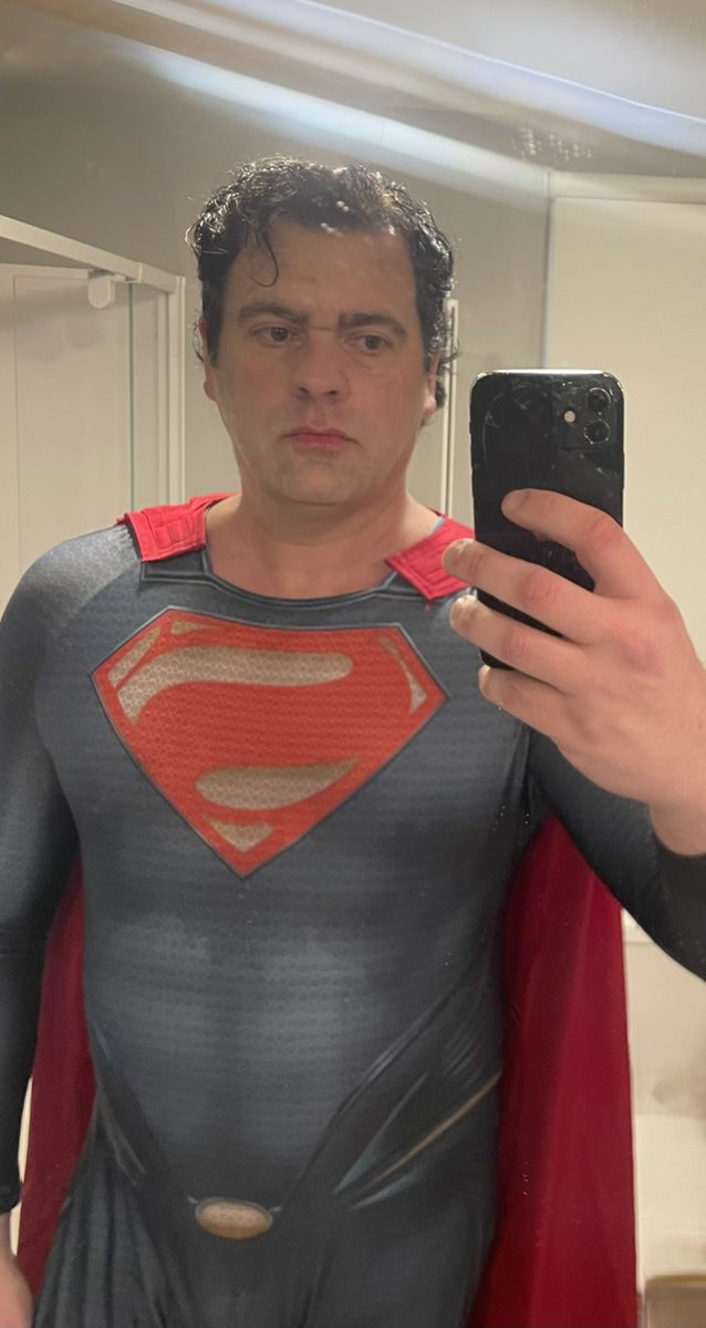 StartinRichard's tweet photo. 26 stitches in stomach and I still managed to get the kids out for Halloween. Went for the Superman 3 look in the scrapyard. Only had the Cavill outfit though. https://t.co/5MSGA5Xf1u