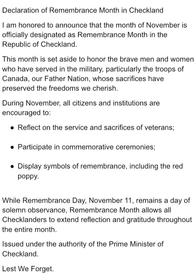 Prime Minister’s Message.
November 1st, 2025
Lest We Forget.