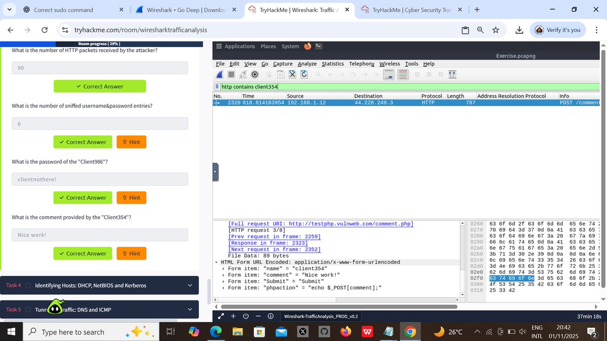 Shabestjnr's tweet image. Day 31/100 of #TryHackme Back after 2 days off (TryHackMe subscription issue). Today I started Wireshark traffic analysis, completed Nmap scans + ARP poisoning / MITM tasks. Learned to spot SYN/TCP/UDP scans and ARP spoofing using Wireshark filters & column @ireteeh