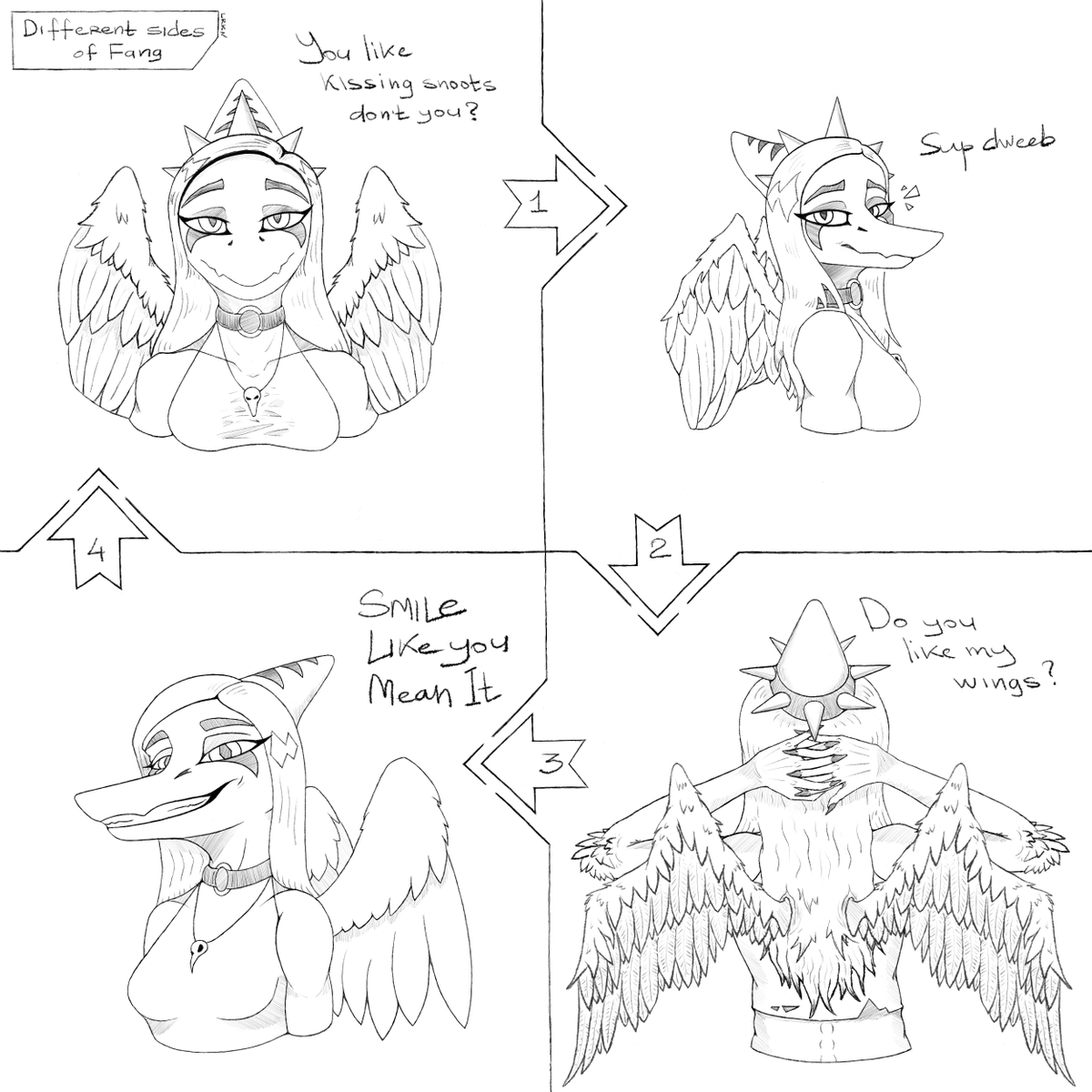 Fang from different sides in one picture

After it I'm going to color each side, one by one

#Fang #Snootgame #Snootgameart #Snootgamefanart #Pterodactyl #Snoot #Anthroart #Digitalart #Monochrome