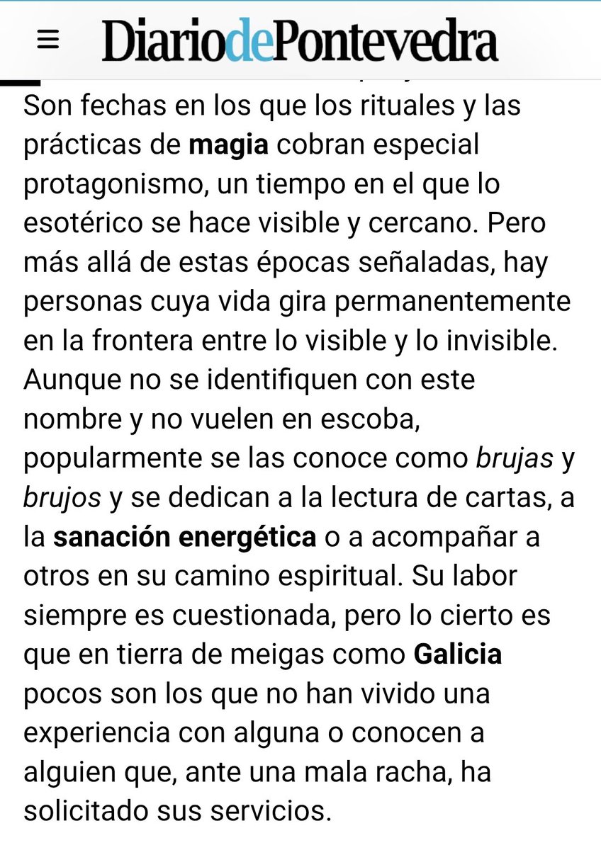 Hoy <a href="/Diario_Pontev/">Diario de Pontevedra</a> ha publicado este vergonzoso reportaje de promoción del #tarot, transmitiendo la idea de que las echadoras de cartas son "terapeutas" que realizan "sanación energética". Además de lamentable, falso. Esoterismo puro, por mucho que digan...
#StopPseudociencias