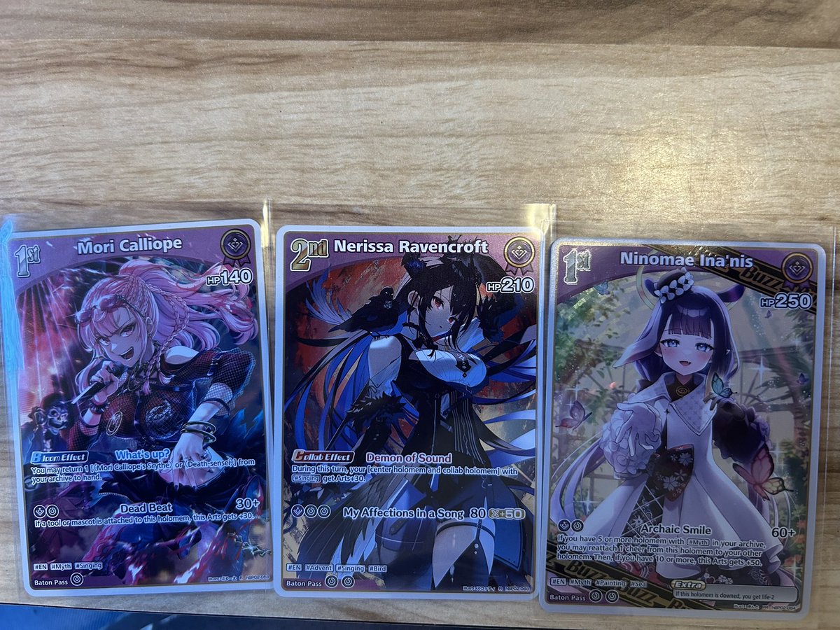 Bought a whole box of <a href="/hololive_OCG_EN/">hololive_OCG_EN</a> today! Pulled a bunch of awesome cards from all across Hololive but these three are my favorites. Got <a href="/moricalliope/">Mori Calliope💀holoEN</a> <a href="/nerissa_en/">Nerissa Ravencroft🎼holoEN</a> and <a href="/ninomaeinanis/">Ninomae Ina'nis 🐙holoEN</a> today! Was hoping for a signed but I didn’t have the gacha luck today.