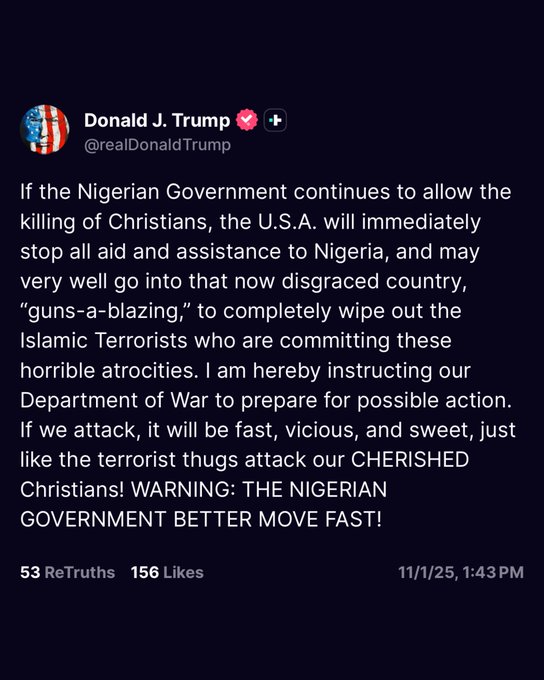 First image is a screenshot of a Truth Social post by Donald J Trump featuring American flags and a heart icon next to his profile picture. The text warns the Nigerian Government about allowing the killing of Christians and US aid potentially going to gun-blazing terrorists and instructs the Department of War to prepare for possible action if the attack on cherished Christians continues with a bold warning in all caps. Second image shows rows of white-shrouded bodies laid out on the ground in an open outdoor area with dry grass and sparse trees in the background under a blue sky. Numerous people dressed in colorful traditional Nigerian attire including robes and headwraps stand around the bodies some holding microphones suggesting a funeral or memorial gathering.