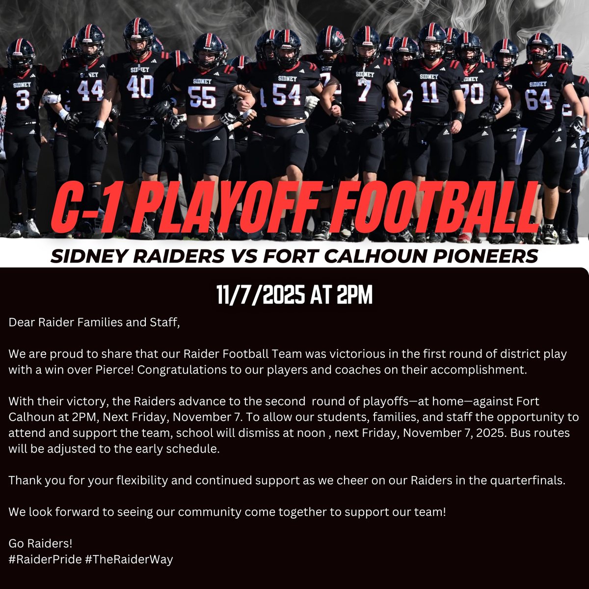 Information for Friday, November 7th. It's a 12PM dismissal and ANOTHER GREAT DAY TO BE A RAIDER!! 

#TheRaiderWay