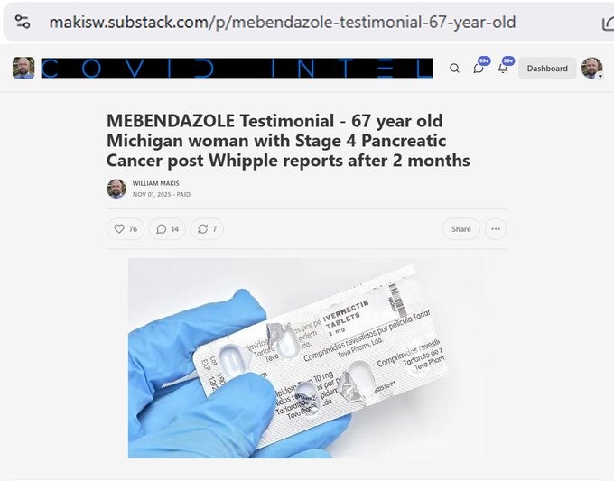 aus_mini's tweet photo. 🔥🔥威廉·马基斯医生（Dr. William Makis）最新分享：甲苯咪唑（Mebendazole）治疗见证——一位67岁密歇根州女性的四期胰腺癌案例（术后Whipple手术）

病例简介：
患者：67岁，密歇根州女性
诊断：四期胰腺癌，曾接受Whipple手术
治疗开始时间：2025年8月中旬
用药方案：甲苯咪唑（Mebendazole）1500mg/天两个月后的结果：
肿瘤标志物 CA19-9 从 800 多 降至 80 多
胰腺及肝脏肿瘤缩小约 50%