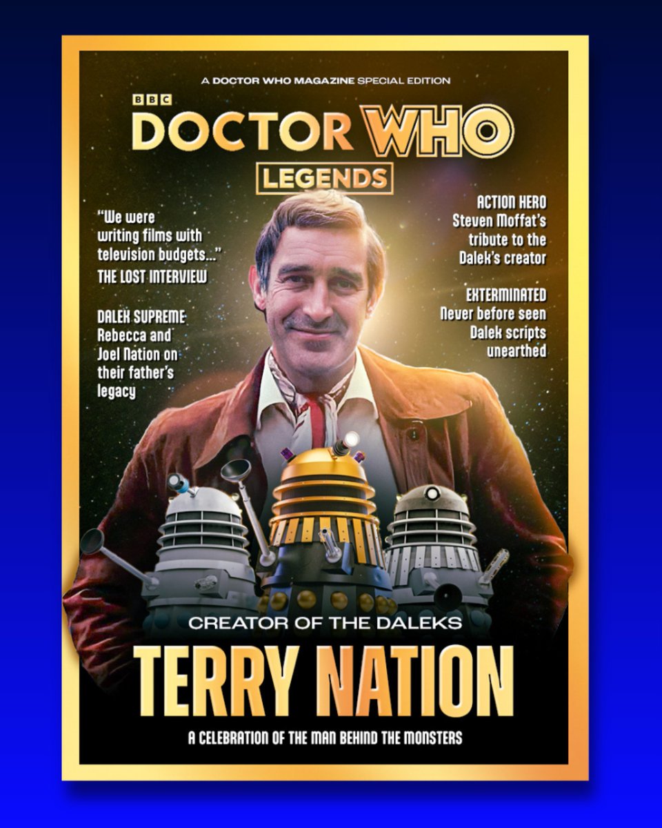 Had a go at redesigning the #DoctorWho Magazine: Legends cover 🖤✨ 

Went for a black &amp; gold twist to make it feel more prestigious (it's Terry Nation after all!), making sure to feature the #Daleks front and centre too 🛸

Would you like to see more DWM covers by me? 👀
