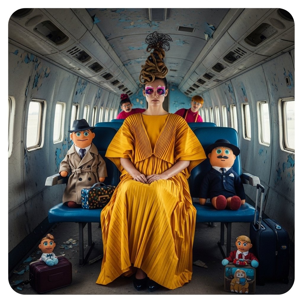 syntaxaegis's tweet image. She sat in pleats the color of conviction, flanked by puppets with diplomatic immunity and carry-ons of silence.
#hautecouture #digitalart #surreal #fashion #surrealism