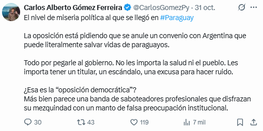 Nosotros somos quienes debiéramos de salvar las vidas de paraguayos. Con tal de pegar a la oposición y cobrar lo que sea que se le pague, olvida que han sido los gobiernos colorados los que destruyeron salud y educación, obligando a miles a utilizar servicios de salud extranjeros