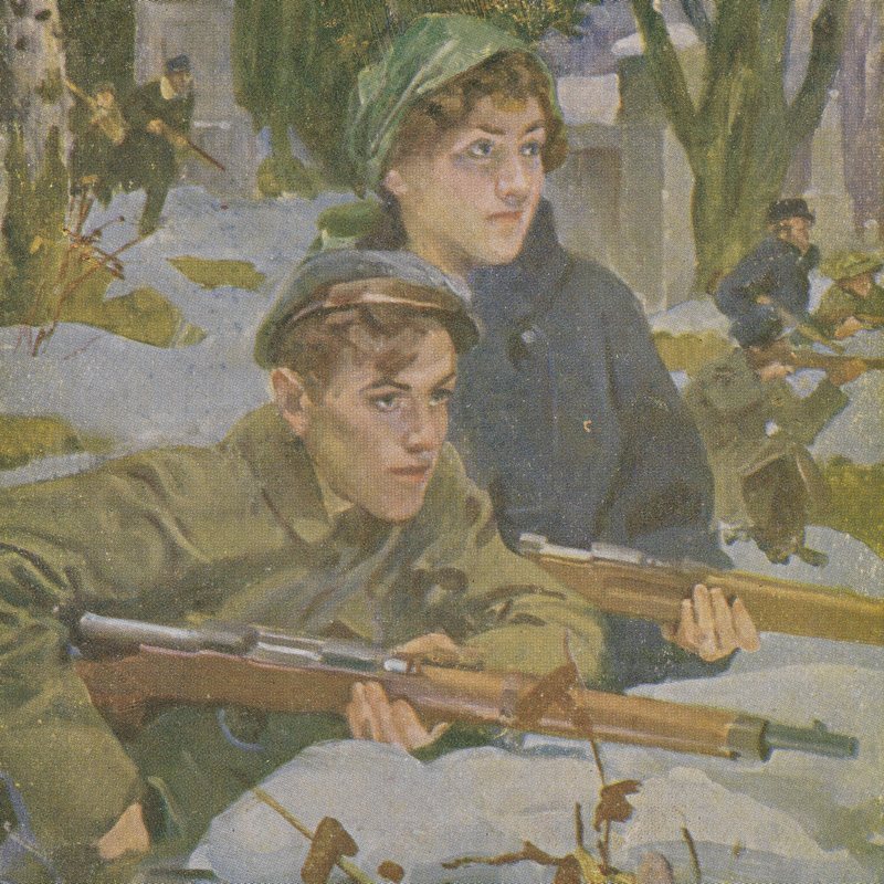 "Wybiegły dzieci z komory,
przypadły Polsce do nóg
i patrzą - w mrokach przyziemnych
posępny czai się wróg

Dobywa ostre żelazo,
zbójecką podnosi dłoń...
Więc obudziły się dzieci
i pochwyciły za broń

Poniosły w groźny wir bitwy
zwycięski parol swych snów
i osłoniły przed wrogiem