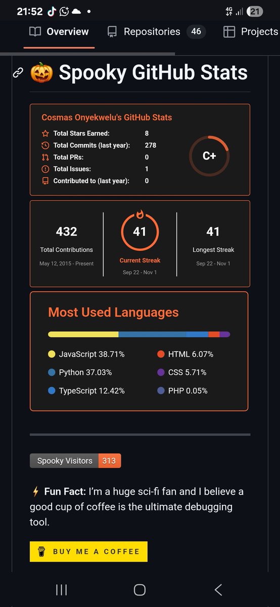 CosmasOnyekwelu's tweet image. 👻 Halloween mode: activated
My GitHub stats are now officially haunted.
Every commit has a ghost, and every repo screams in the dark 🕸️

#CodeTillMidnight  #HalloweenDev #GitHubProfile #100daysofCode

🔗 github.com/cosmasonyekwelu