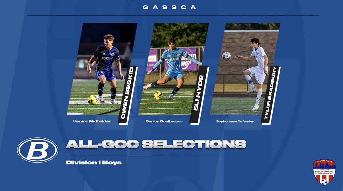 GASSCA | ALL-GCC

Congrats to <a href="/BeskidOwen/">Owen Beskid</a>, <a href="/EliHyde0/">Eli Hyde</a>, and <a href="/t__bradbury/">Tyler Bradbury</a> on being selected as GASSCA All-GCC Selections.

Great season, boys!

<a href="/Ohio_GCC/">Greater Cleveland Conference</a> 

#GoBigBlue #SoccerExcellence