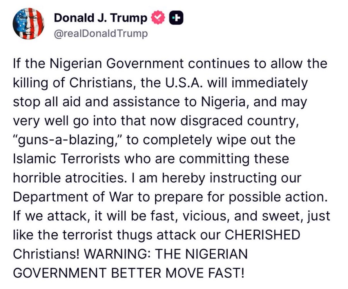 HWLinvest's tweet photo. Trump hotar Nigeria med ekonomiska och militära konsekvenser om regeringen inte stoppar islamisterna som mördar landets kristna befolkning.

Äntligen någon som agerar när alla andra tittar bort. https://t.co/0CmRIwqLba