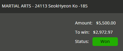 11 units Seok Hyeon Ko (-185) ✅

Only bet of the night cashes easily