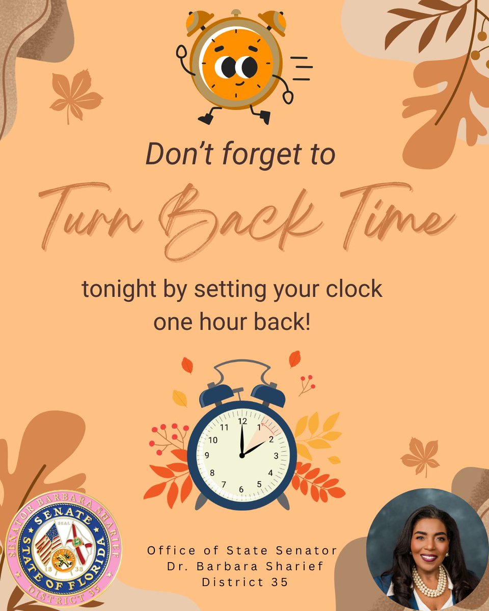 Barbarasharief's tweet image. ⏰🍁It’s time to turn back time!✨Don’t forget to set your clocks back one hour tonight and enjoy that extra hour of rest.😴💛Here’s to brighter mornings, refreshed energy, and a cozy start to the week!🌟
#DaylightSavingTime #TurnBackTime #District35 #FYP #ForYouPage @everyone