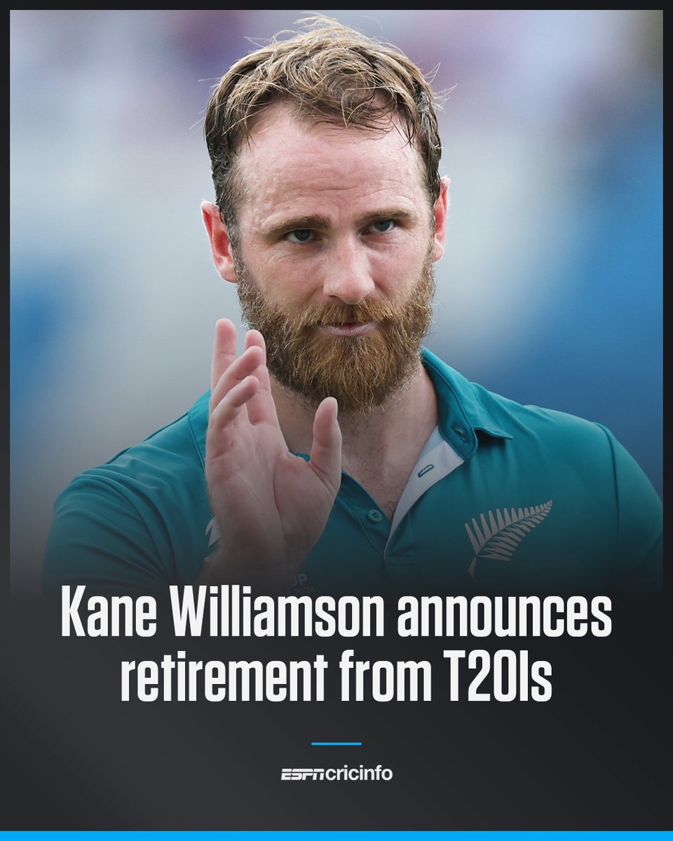 ESPNcricinfo's tweet image. BREAKING: Kane Williamson has announced his immediate retirement from T20 internationals.

The former New Zealand captain retires with 2575 runs from 93 appearances in the format, with his final match coming at last year&apos;s T20 World Cup