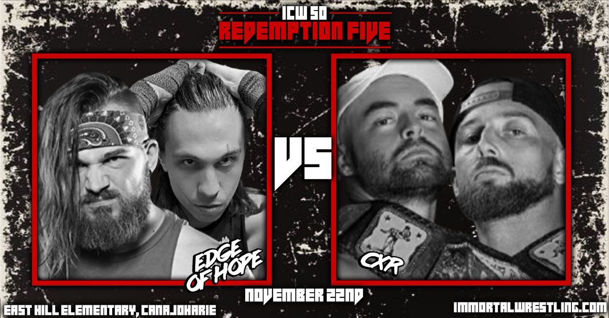 Only 3 weeks until the final #ICW event of 2025!! They've been putting on match of the year contenders each and every month, at #Redemption5 CXR will put their #ICW Tag Team Titles on the line against former 2x Champs Edge of Hope! Tickets available at  a.purplepass.com/redemption5