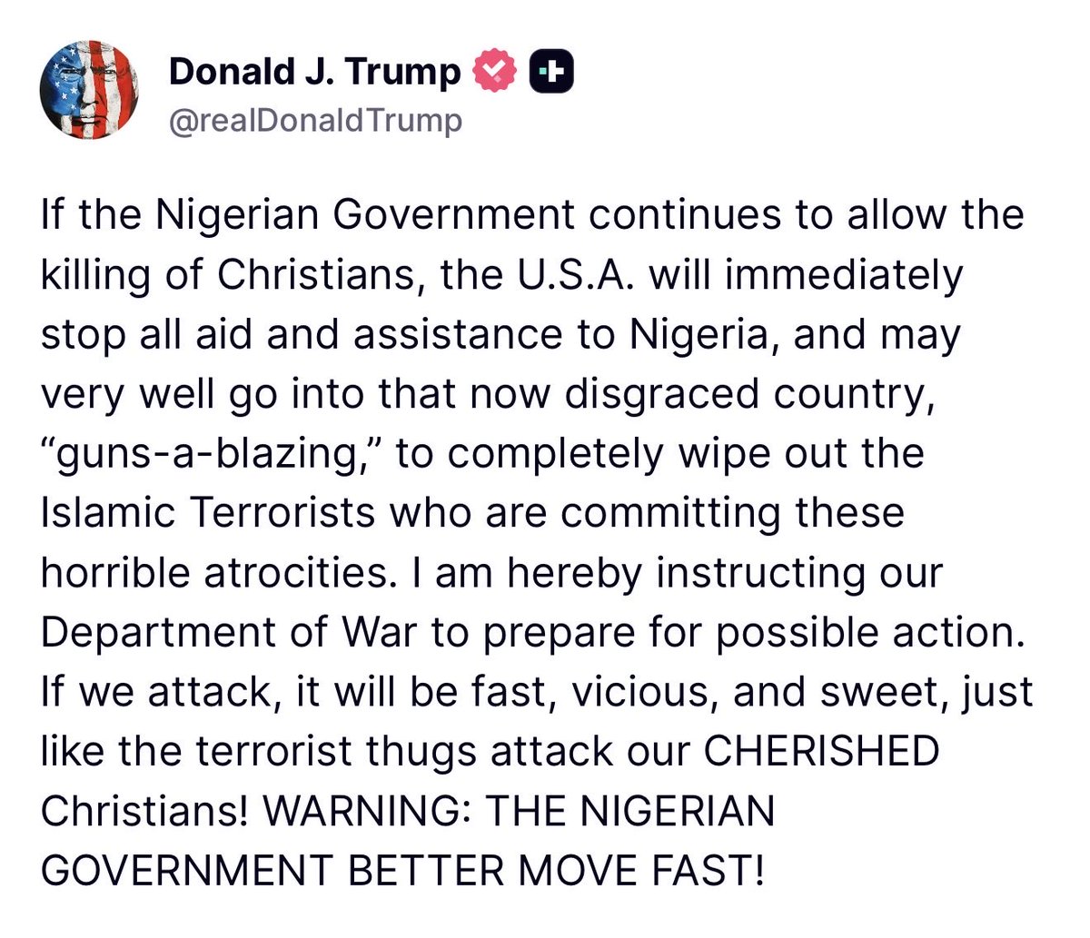 BOOM 💥 

Donald Trump warns the Nigerian Government.