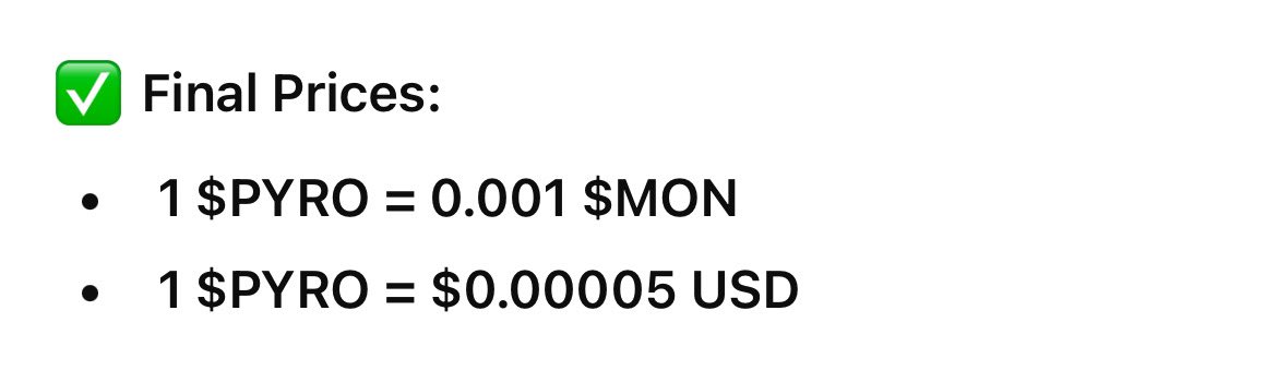 $PYRO Fair launch price on day 1 Monad has been finalized! #MonadMainnet #Monad