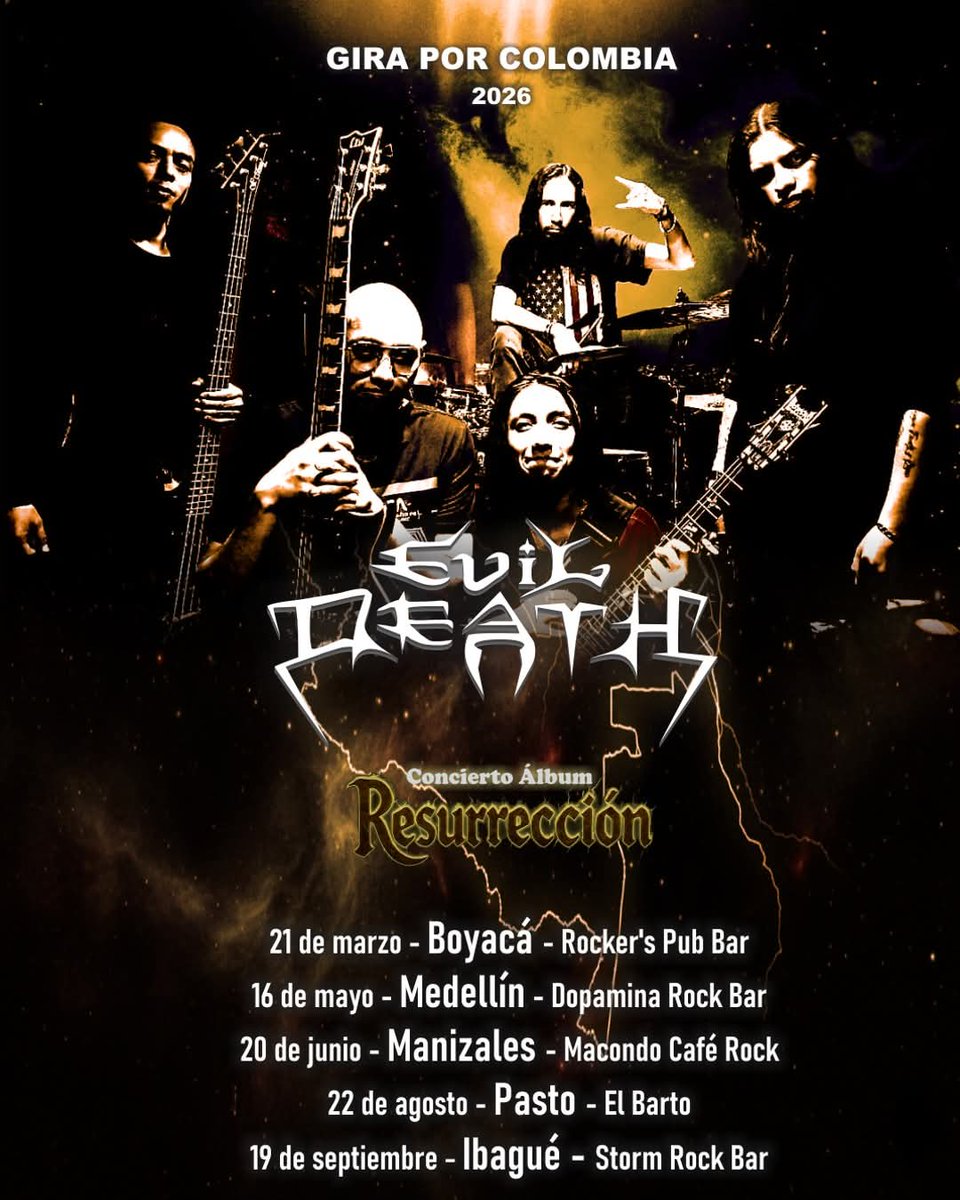 Evildeathoffic's tweet photo. 🇨🇴 EVIL DEATH – Gira por Colombia 2026 🇨🇴
Estamos muy felices porque esta promesa de llevar nuestra música por Colombia se cumple 🔥.

#EvilDeath #GiraResurrección #MetalColombiano #ExtremeMetal #DeathMetal #BlackMetal #BrutalMetal #UndergroundMetal #ColombianMetal #LatinMetal https://t.co/v8bqKgGlnZ