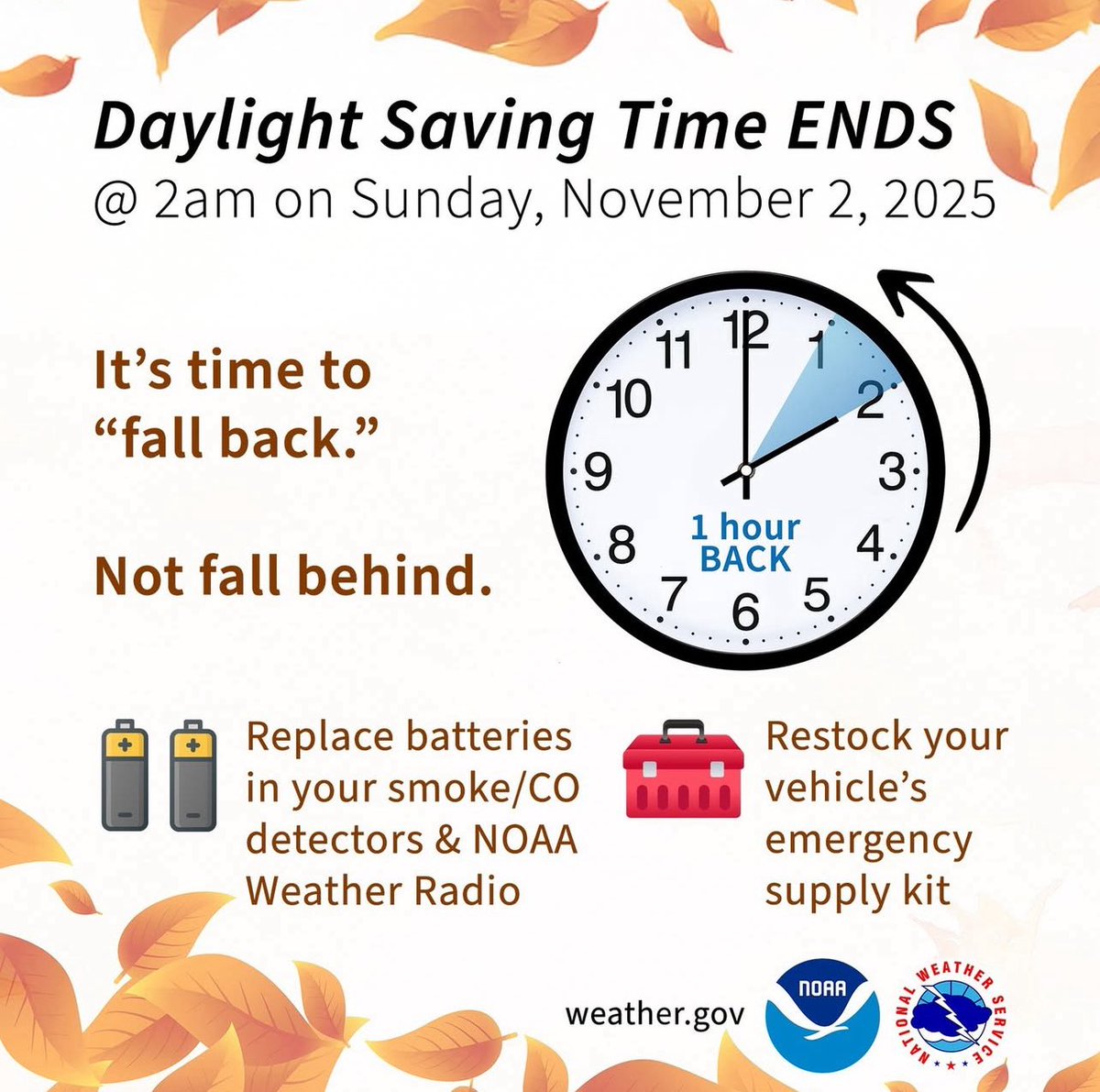 ⏰ One last reminder — daylight saving time ends tonight! Don’t forget to set your clocks back an hour before bed. 🕐
#DaylightSavingTime #FallBack #TimeChange #DontForget