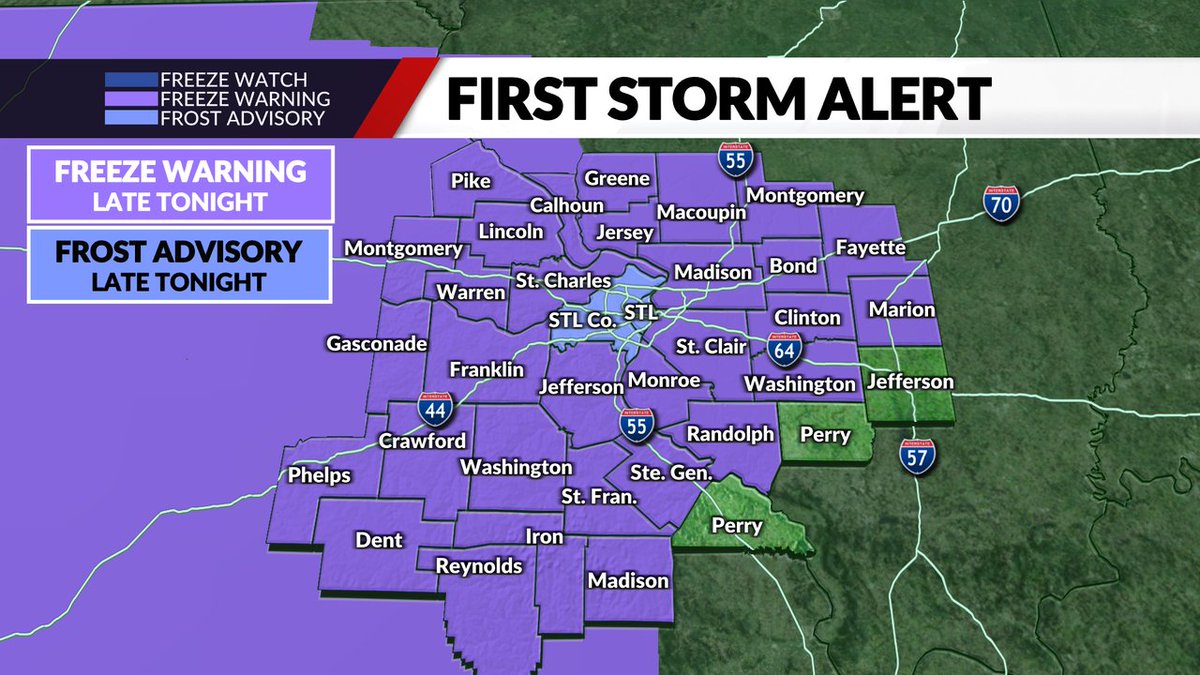 A Frost Advisory is in effect tonight for STL City &amp; County... the rest of the region is under a Freeze Warning.  Temperatures are expected to drop into the upper 20s in outlying areas and low to mid 30s near STL proper.  Widespread frost is likely.  @fox2now #stlwx
