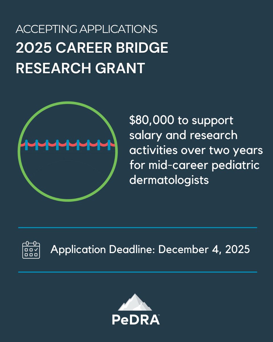 PeDRAResearch's tweet image. 🌟 Current Grant Openings! 🌟

🔬 Career Bridge Research Grant
🔬 Consensus Grant Program
🔬 Pediatric #Ichthyosis Challenge Grant (in partnership with @FIRST_Skin)

📅 Applications due December 4.

👉 Learn more &amp;amp; apply: pedraresearch.org/grants-fellows…

#PeDRA #pedraresearch #pedsderm