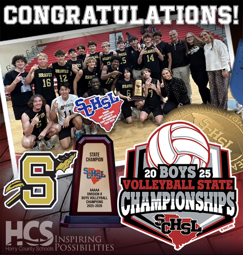 Congratulations to the Socastee High School Boys Volleyball team!
The Braves defeated Catawba Ridge High School 3-1 in Columbia, SC on Saturday, Nov. 1 to become theClass AAAAA Division 2 State Champions!
#BoysVolleyball #StateChampions #HighSchoolSports