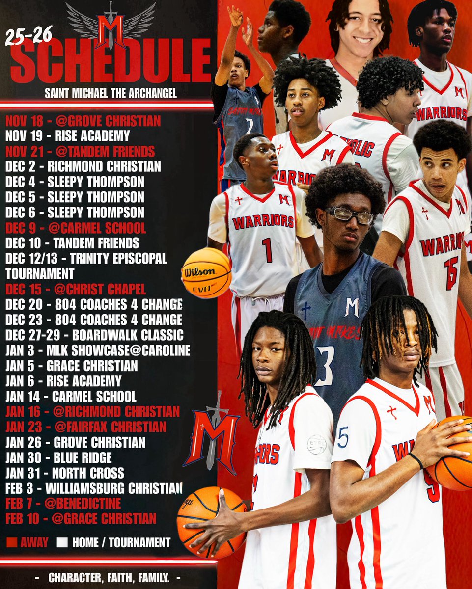Saint Michael Catholic 🏀 2025-2026 season schedule. Excited to compete in some high level tournaments and work towards our ultimate goal in February. #Together 

Warrior Strong 💪🏻✝️