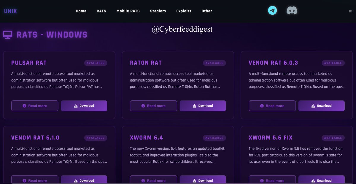 cyberfeeddigest's tweet image. A clear site shared tens of #RATs, #Stealers &amp;amp; #Exploits — hxxps[:]//unixsquad[.]vercel[.]app/ 

Handle with caution. Good source for #Malware analysts. Do not download or run samples outside an isolated lab; 

#Malware #RAT #Stealer #Exploit #Infostealer