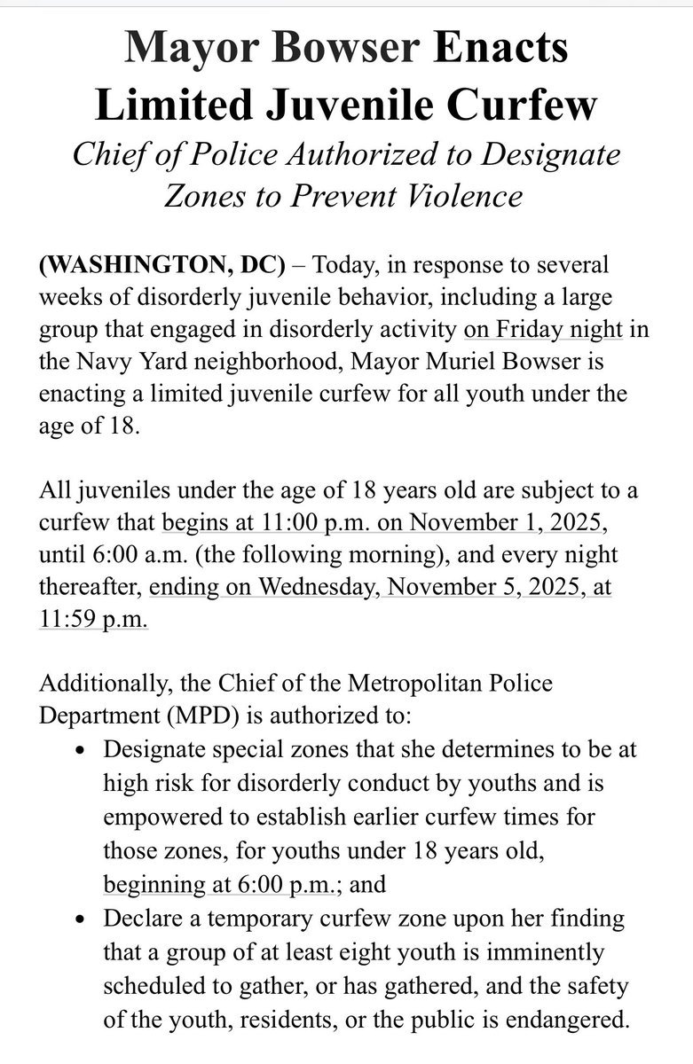 After large crowds of young people caused disturbances Halloween night <a href="/MayorBowser/">Mayor Muriel Bowser</a> issues citywide youth curfew starting at  11pm tonight. Authorizes Chief <a href="/DCPoliceDept/">DC Police Department</a> to designate youth curfew zones. <a href="/councilofdc/">Council of DC</a> set to vote on curfew zones Tuesday. <a href="/nbcwashington/">NBC4 Washington</a>