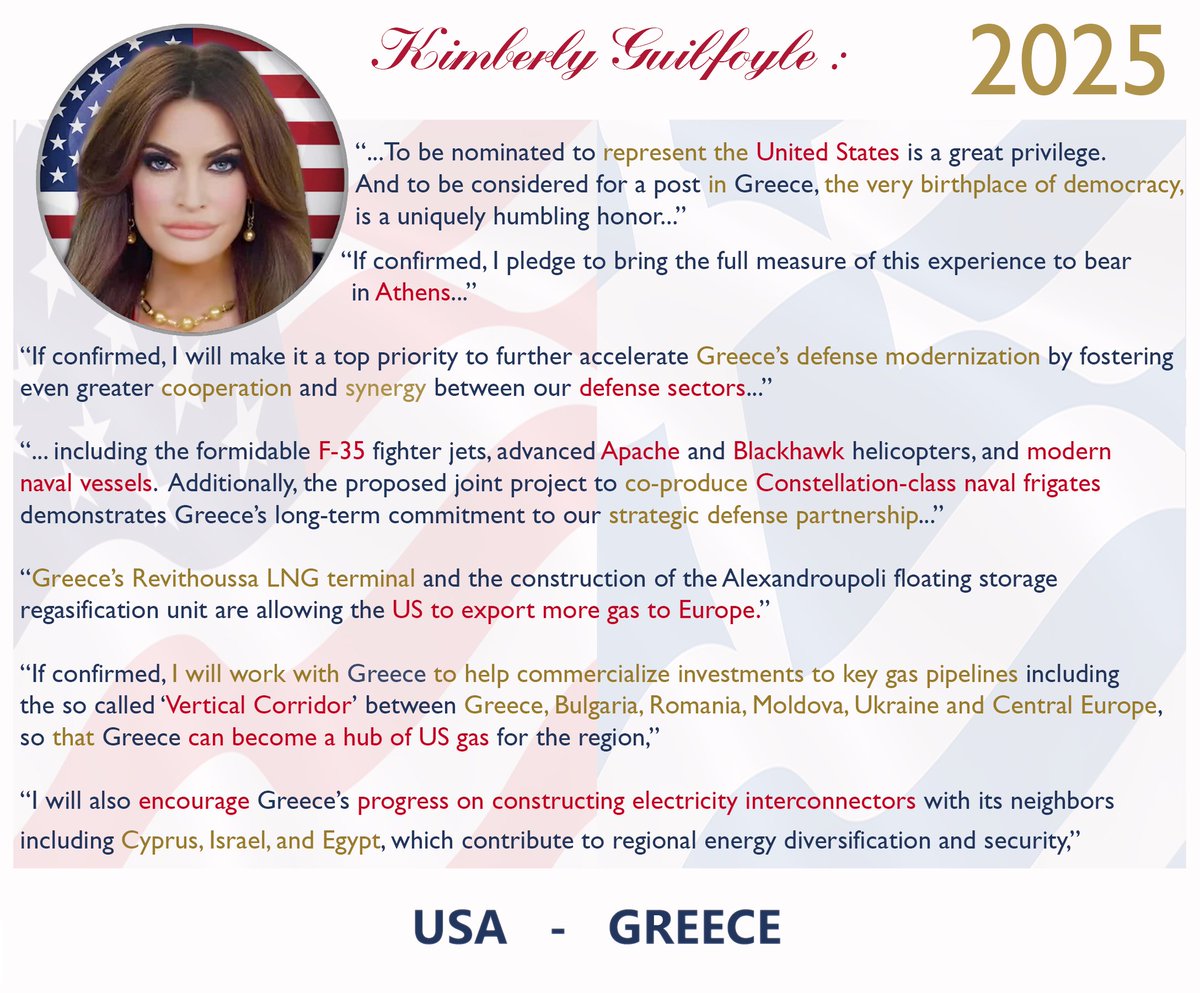 ZEUSosX's tweet image. Καλῶς ἤλθατε #Kimberly_Guilfoyle 
#Wellcome @USAmbassadorGR

🌐We hope the best for our #common 🇬🇷🇺🇸#partnership, &amp;amp;  the top priority, to further accelerate 🇬🇷#Greece&apos;s defense modernization by fostering even greater cooperation &amp;amp; synergy between our defense sectors🌐

🌐🇬🇷🇺🇸🌐