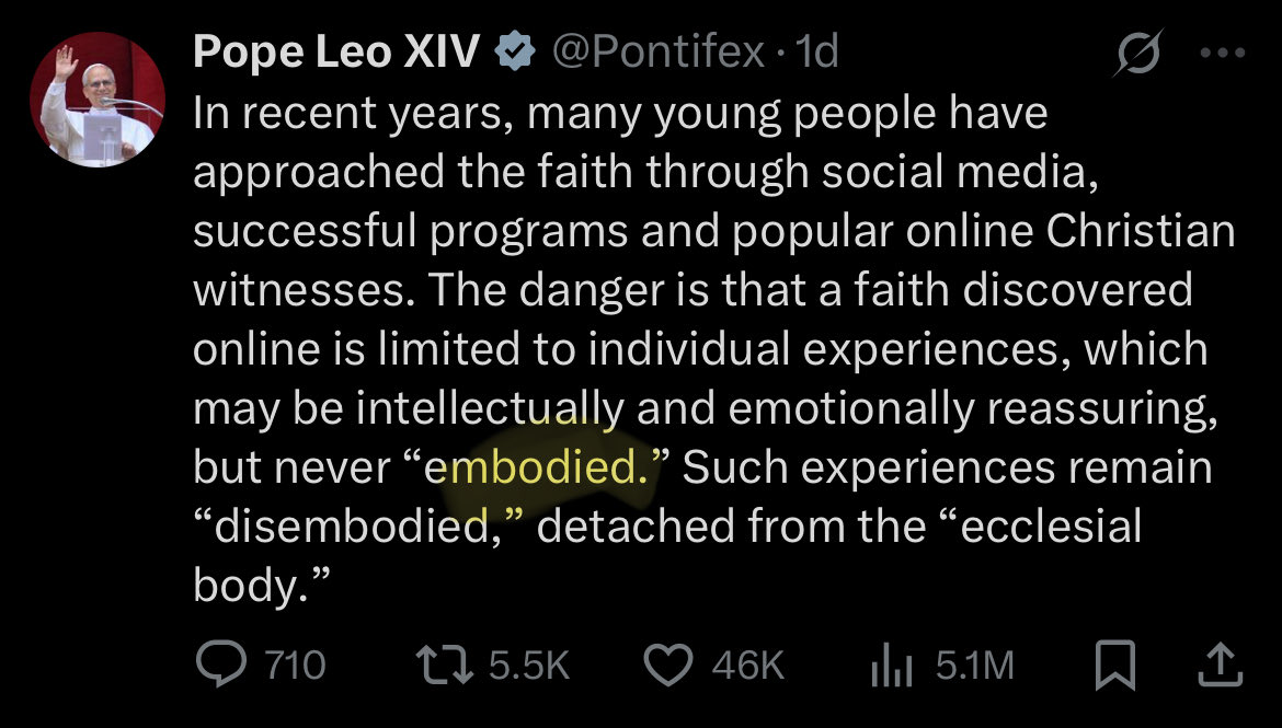 reminded me of Pope Leo’s words today: “never embodied.” There is a sort of functional gnosticism that comes with sitting online all day debating / arguing while letting the vessel you live in rot