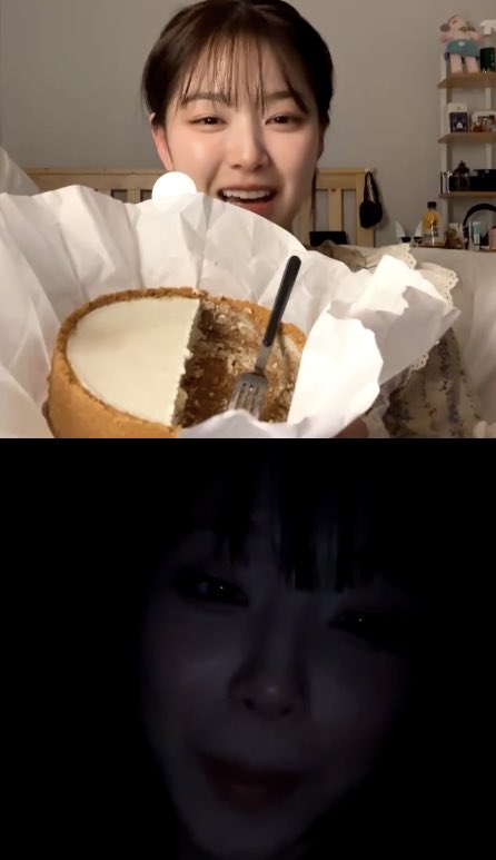 meepjins's tweet photo. hyunjin eating inside half of the cheesecake in insta live so she can eat the other half on fromm live (chuu's just there) https://t.co/M0XvEezgIy