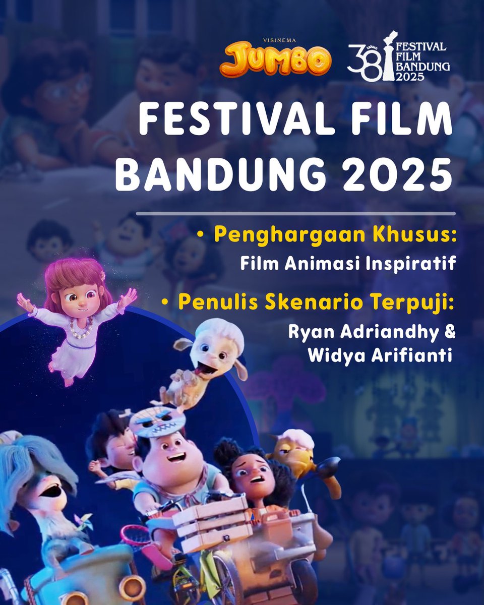 jumbofilm_id's tweet photo. Terima kasih se-JUMBO untuk Festival Film Bandung 2025 atas apresiasinya pada film #JUMBO! 🧡

Bersyukur sekali bisa menerima Penghargaan Khusus: Film Animasi Inspiratif dan Penulis Skenario Terpuji untuk Kak @Adriandhy dan Kak Widya @numpangobrol ☺️

#JUMBOUntukSemua https://t.co/s76usjnDF6