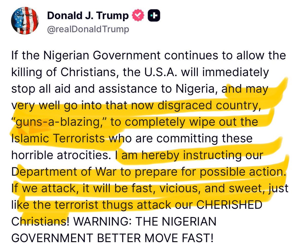 Trump threatening to invade sovereignty of Nigeria in name of ‘saving Christians’ is White man code for exploitation, colonisation &amp; profiteering. It’s the Caucacity to think he can just waltz into Nigeria - the utter disrespect. Shame on every Nig President who brought Nigeria