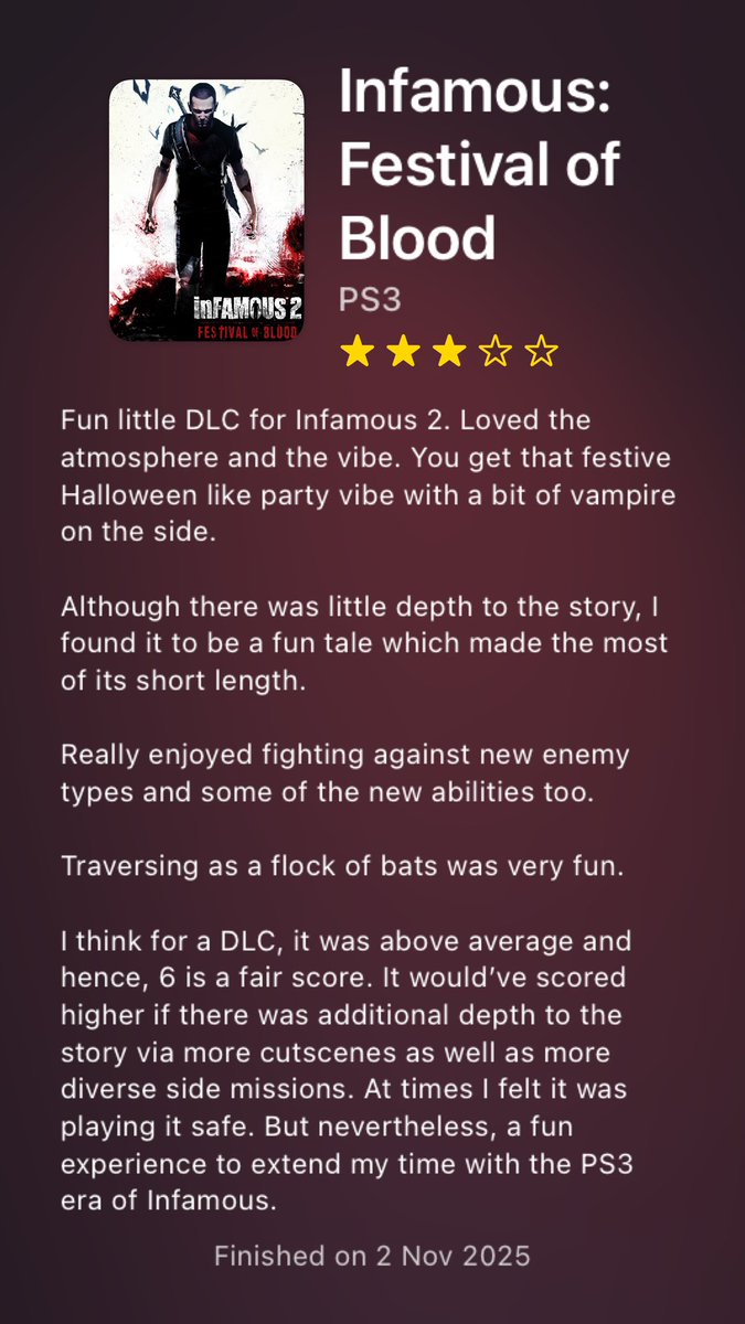 JennyC97x's tweet image. Just finished Infamous Festival of Blood. For what it is, it’s alright. Definitely worth playing through if you enjoyed Infamous 2. 6/10! @SuckerPunchProd #Infamous